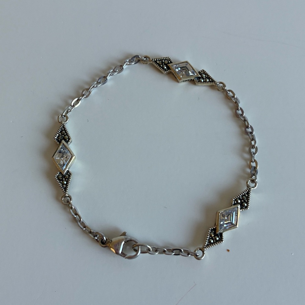 Vintage Judith Jack Art Deco Bracelet Silver Marcasite Crystal 7” JJ 925 Pouch
